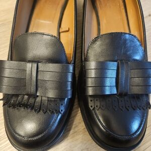 Zara Black Leather Loafers with Fringe Detail